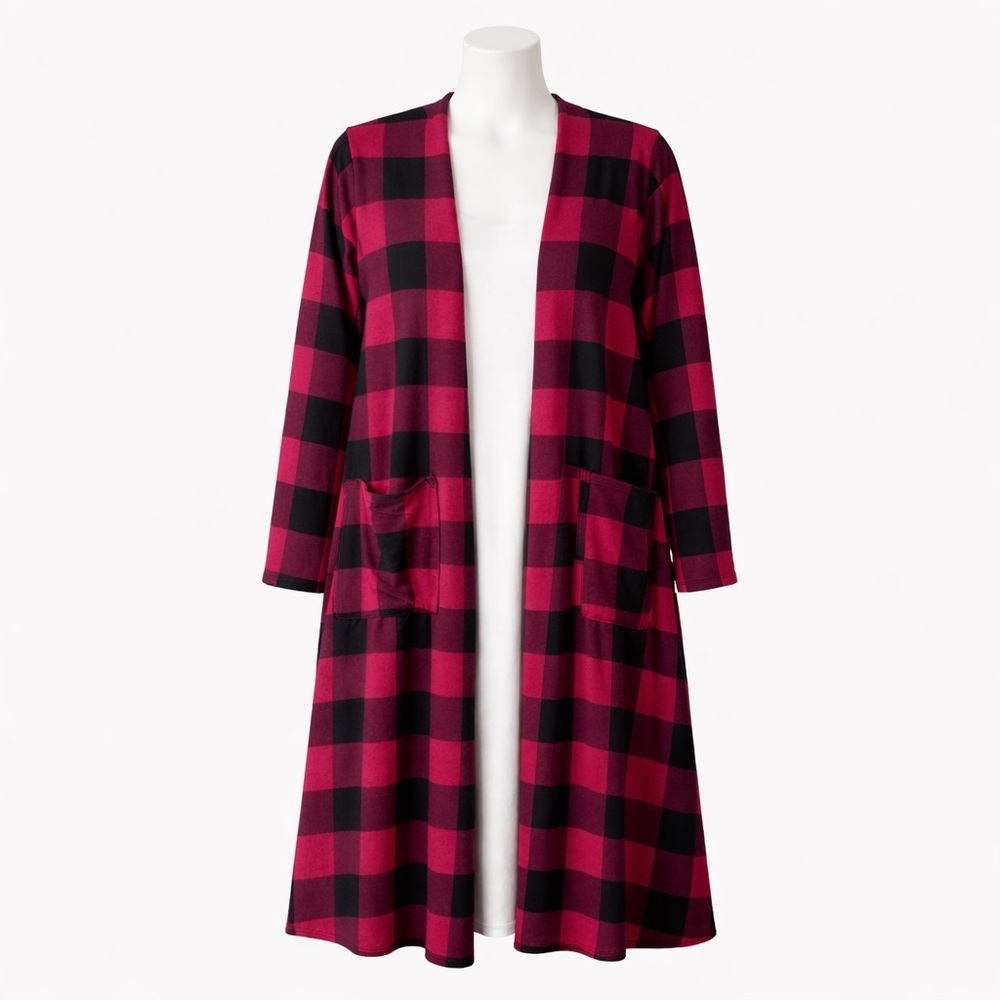 Size L LuLaRoe Womens Sarah Duster Cardigan Red Black Buffalo Plaid Long Sweater